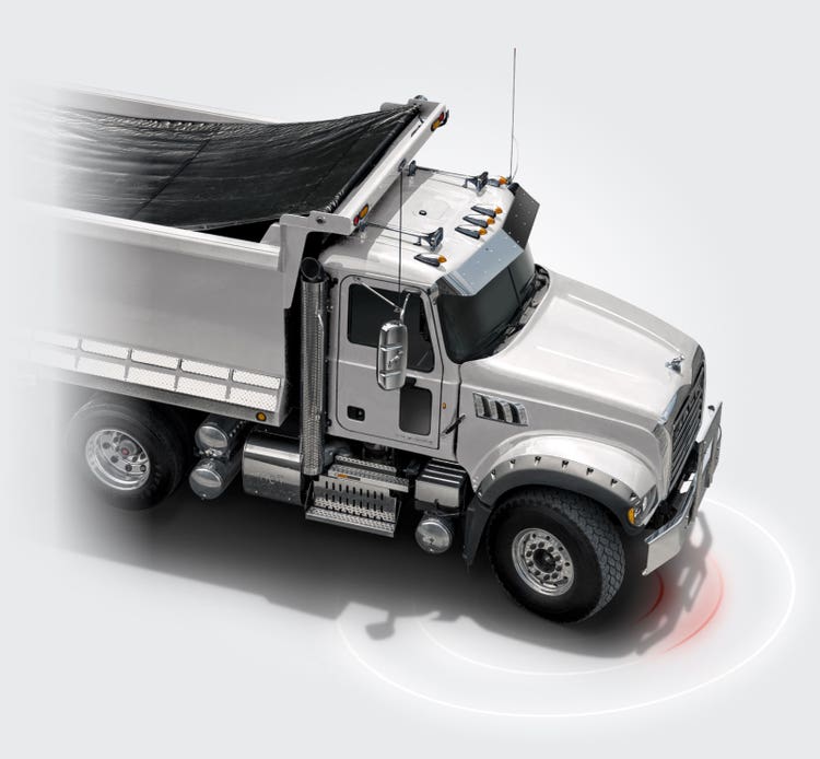 Mack Granite truck highlighting Bendix integrated safety systems designed to detect, alert, and help avoid potential incidents