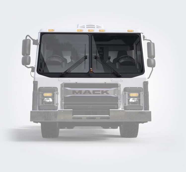 Mack LR electric Truck showing edge-to-edge windshield for improved driver visibility.
