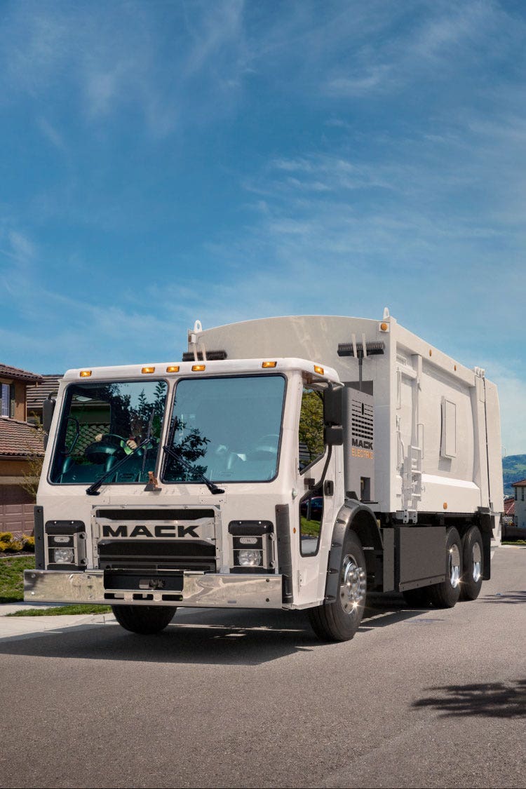 Front view of the Mack LR Electric truck showcasing its design