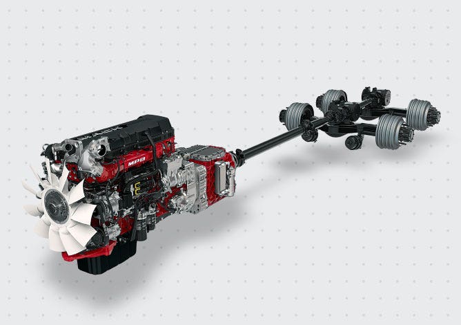 Mack MP8 diesel engine connected to a powertrain system, featuring an axles configuration