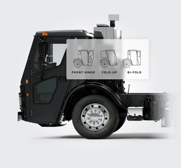 Side view of a black Mack LR Series truck cab with an overlay showing three customizable door options: front hinge, fold-up, and bi-fold designs