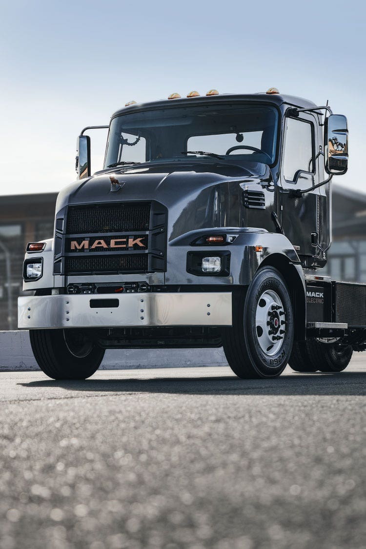 Front view of the Mack MD Electric truck showcasing its design