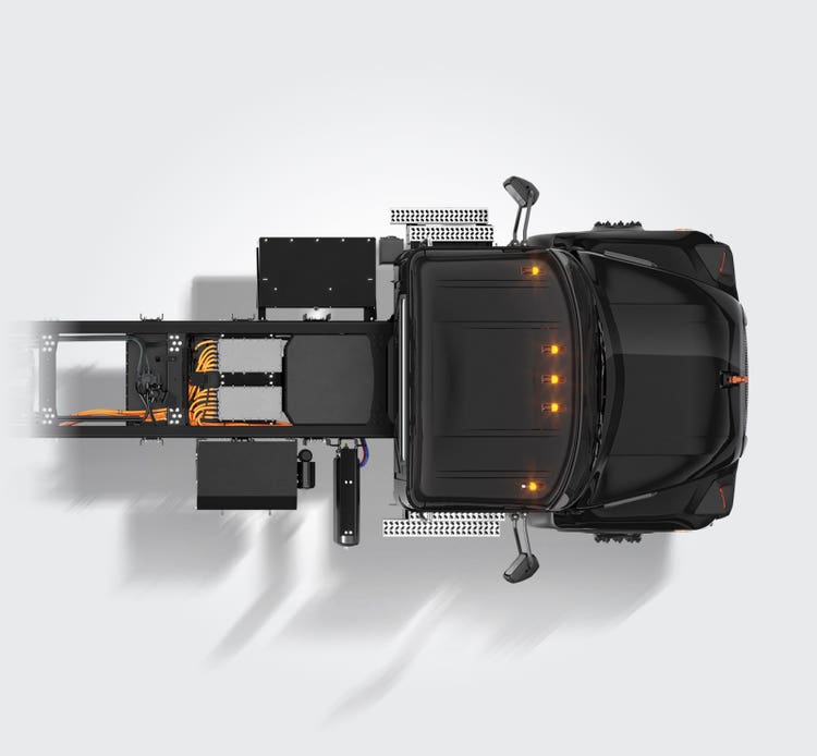 Mack MD Electric truck with heavy-duty 120,000 PSI steel frame rails.