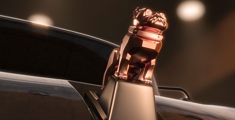 Closeup of the iconic bulldog rendered in chrome on the hood of the truck.