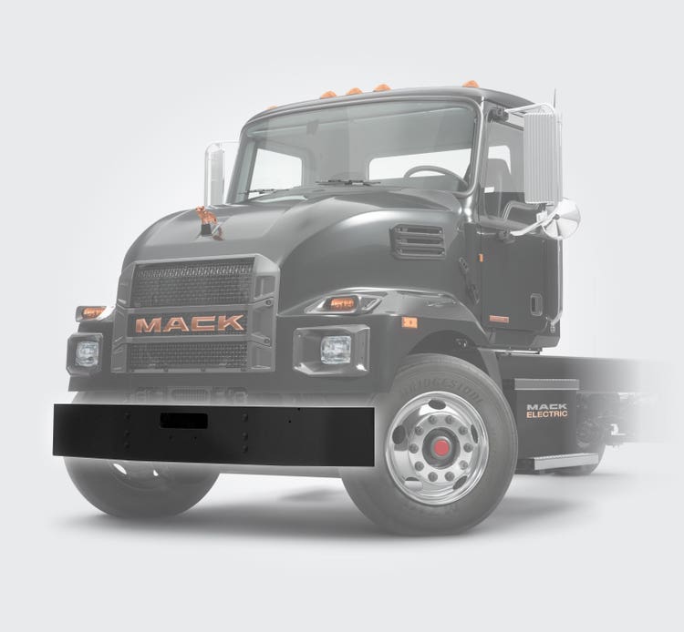 Mack MD Electric truck with durable front bumper.