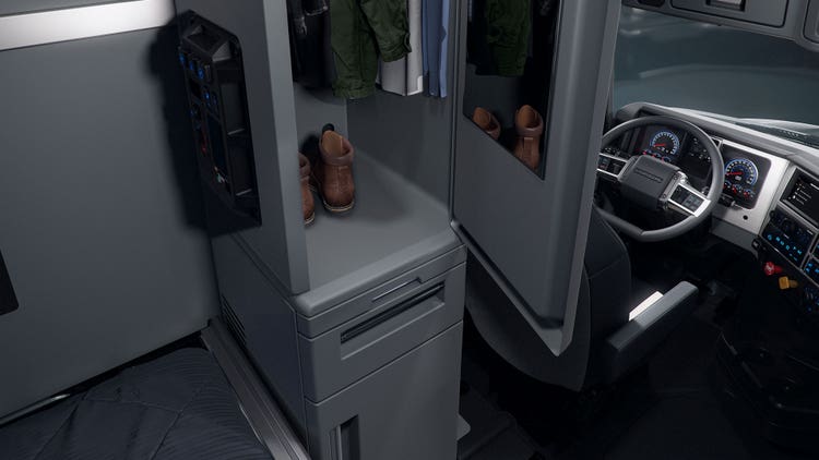 Modular and configurable cabins including storage cabinets, workspace and bins.